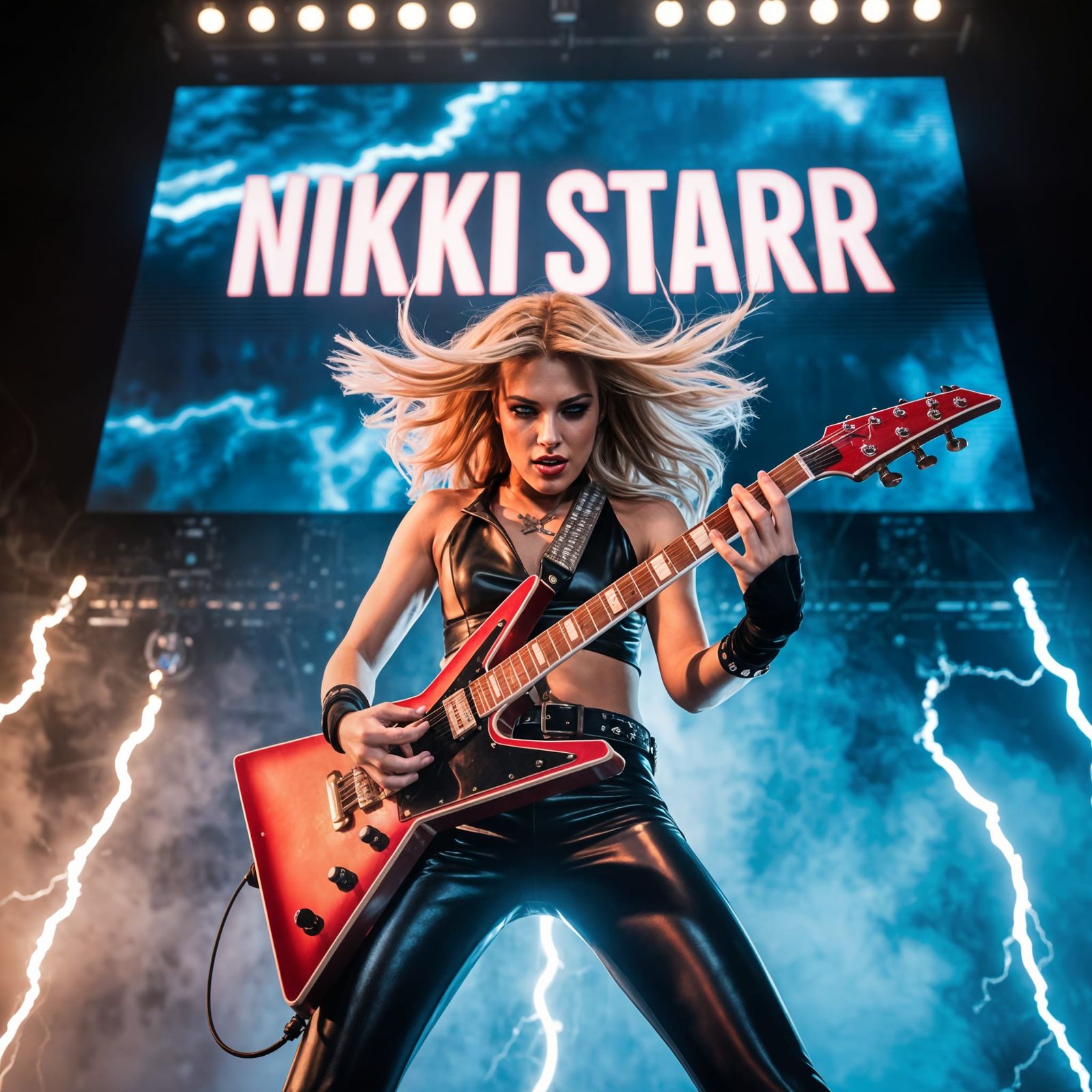 Glam Rocker Woman on Stage with Electric Guitar