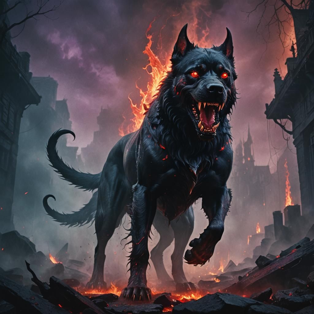 Demonic Black Dog Emerges from Bloody Mist