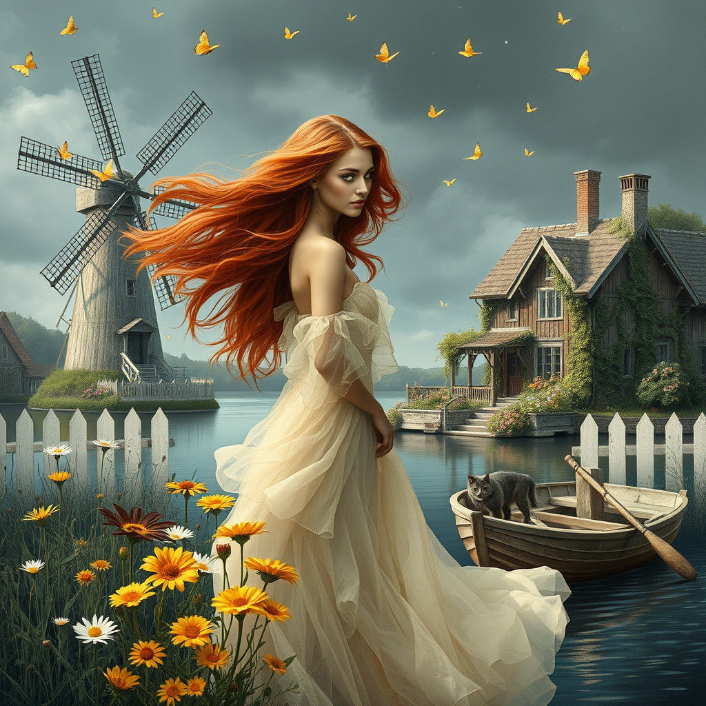 Auburn Woman Dissolving into Butterflies: Abstract Expressio...