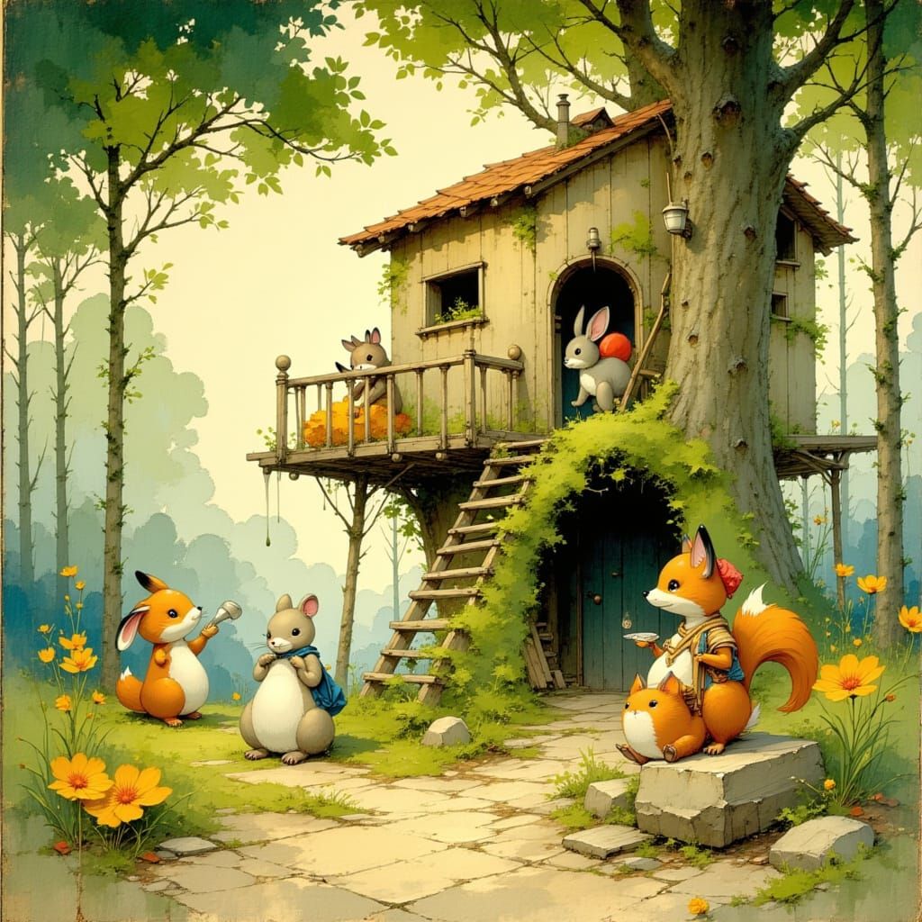 Woodland Creatures Build Treehouse in Whimsical Style