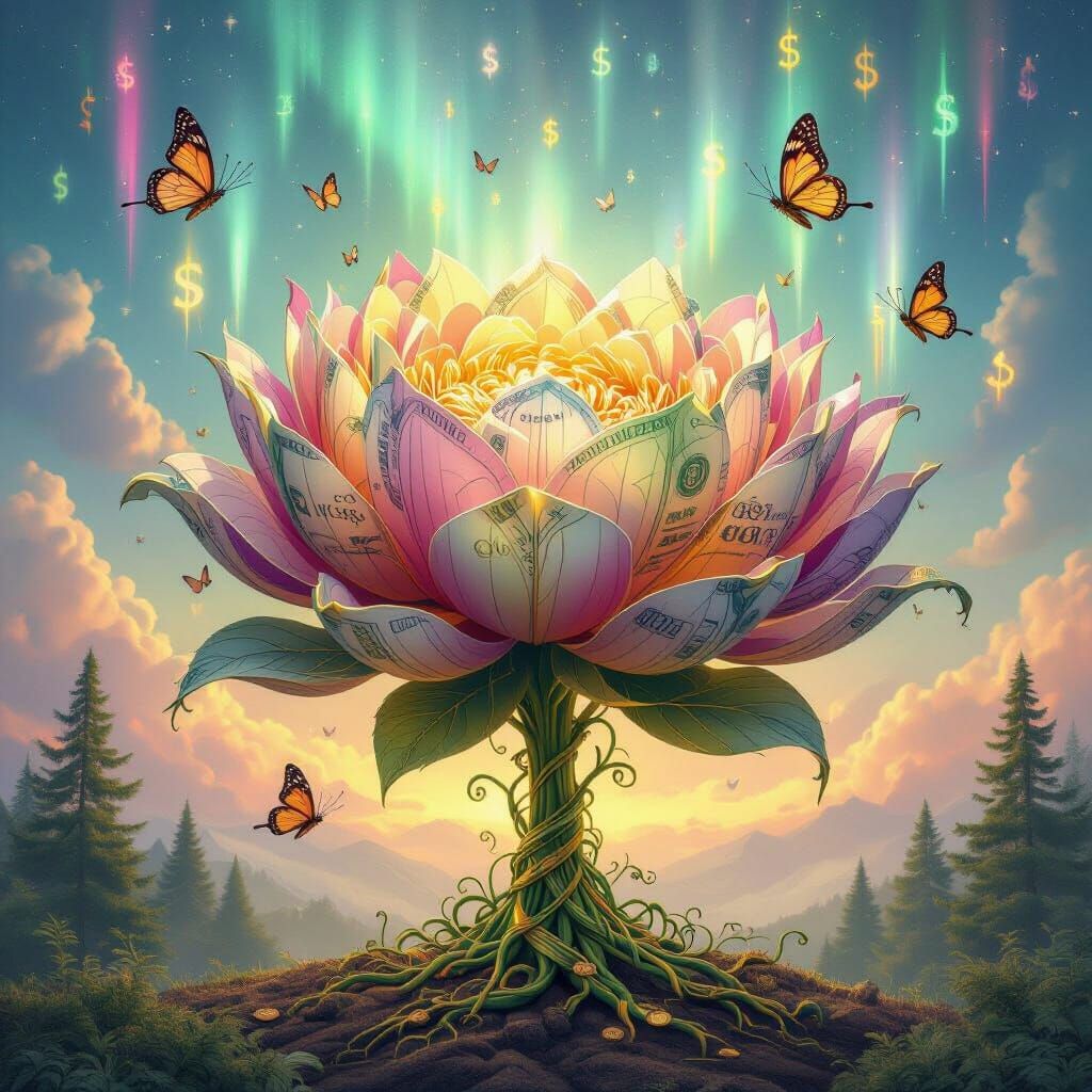 Earth Healing: Flower of Banknotes Blooms with Golden Veins