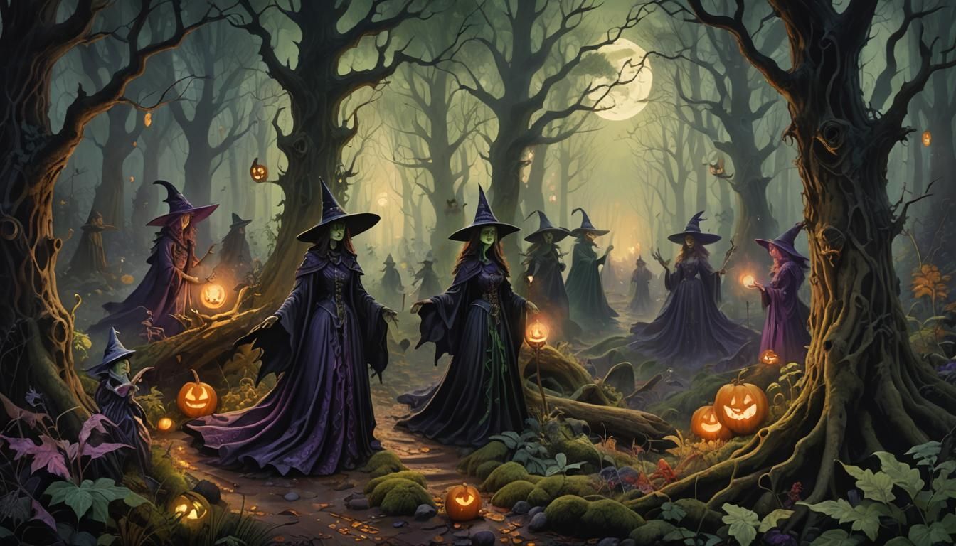 Creepy Halloween Forest with Witches and Ghosts