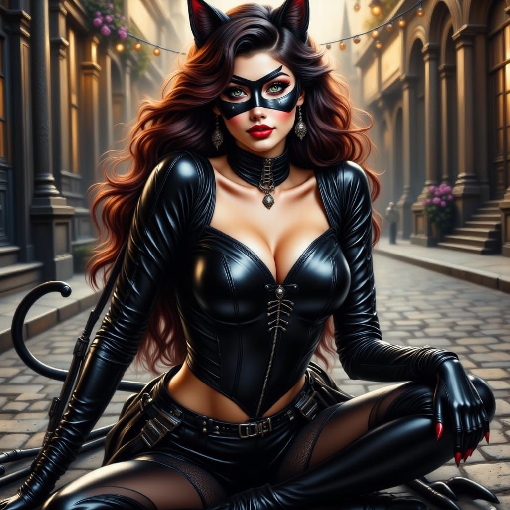 Sleek Cat Woman Pinup in Cyberpunk Style