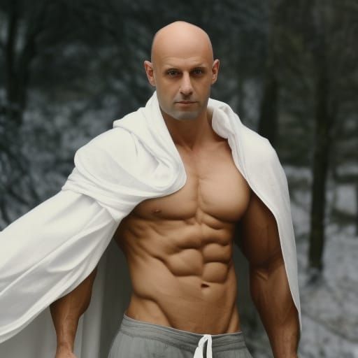 Muscular Bald Man in White Cloak