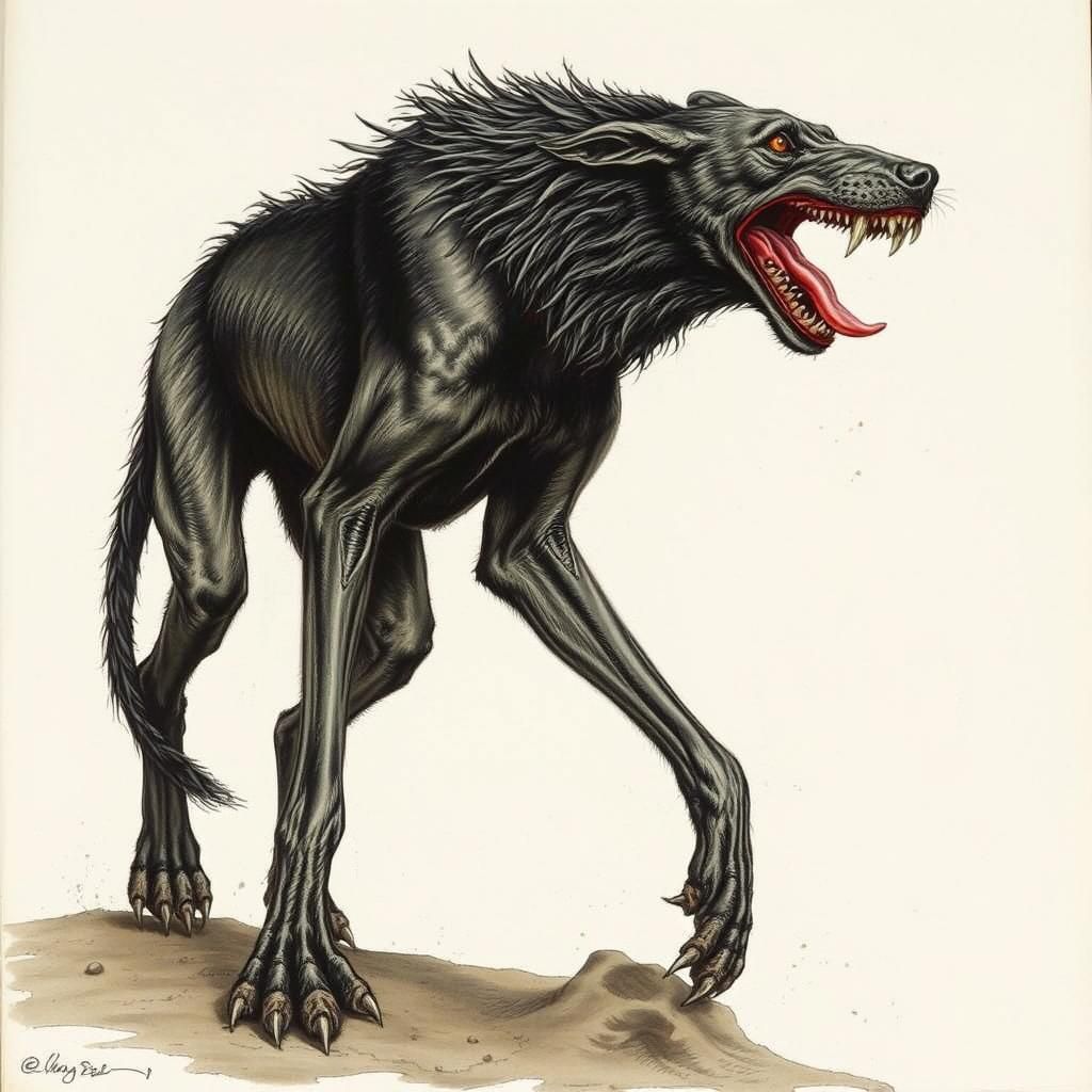 Hellhound Wagging Tail in Gothic Romanticism Style