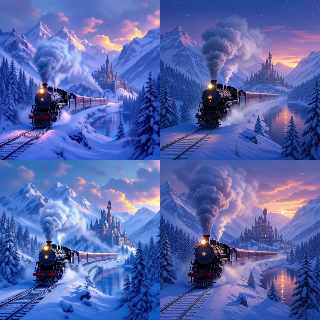 Fantasy Train Journey Through Snowy Mountains