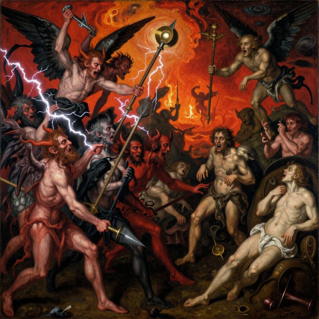 Devils Attack Angels in Hieronymus Bosch Style Oil Painting