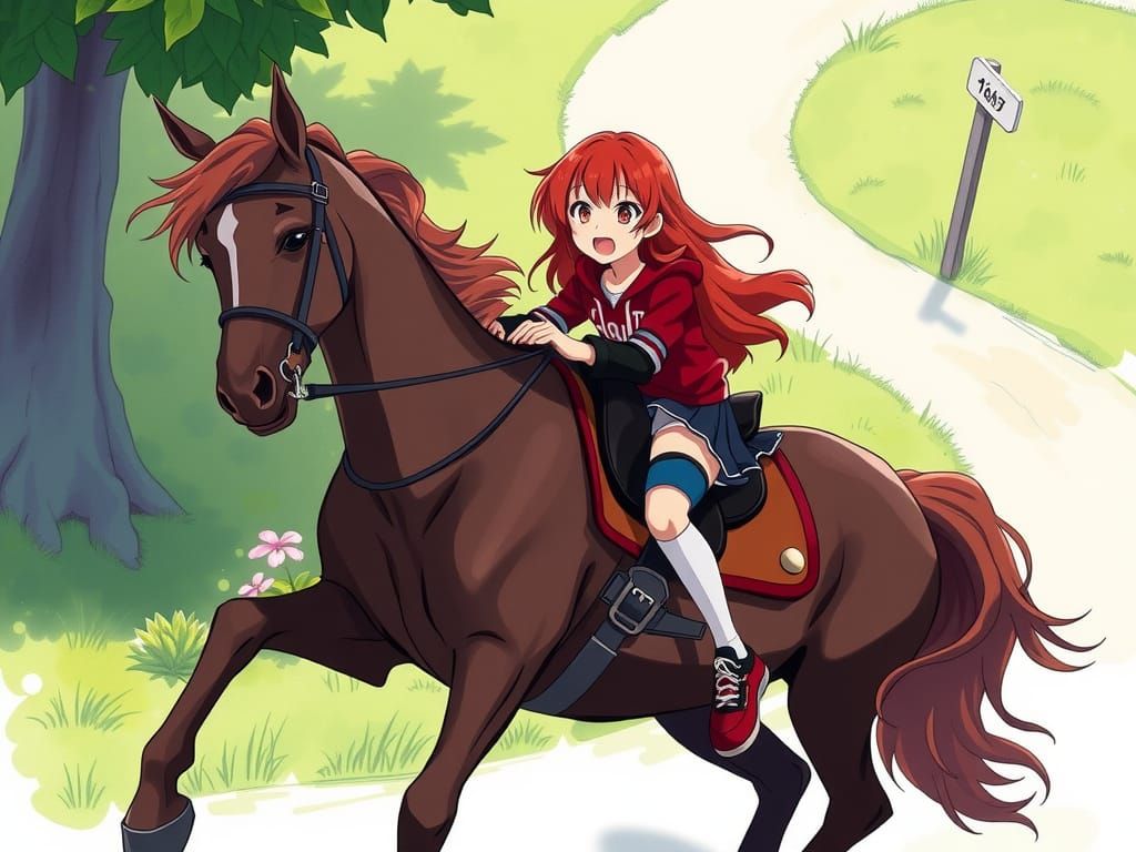 Girl's Chaotic Horseback Ride in Anime-Inspired Art