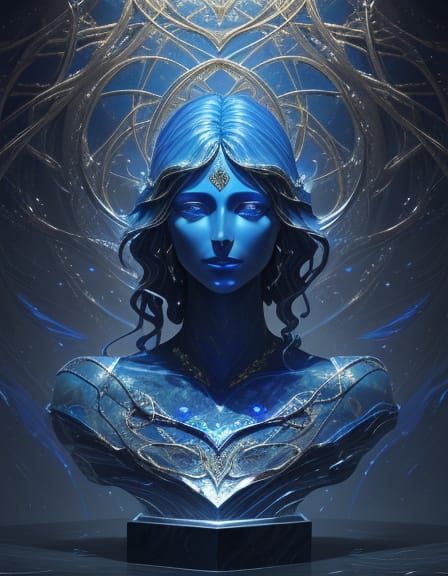 Surreal Lapis Heart Statue with Ethereal Faces