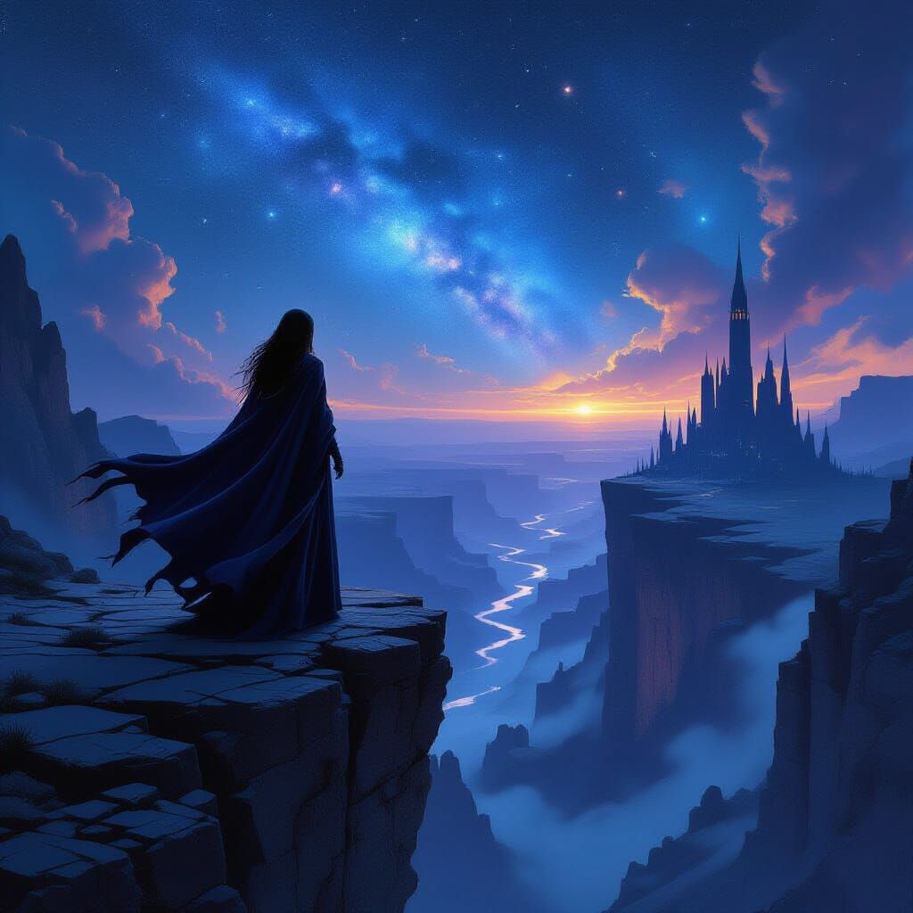 Sorceress on Precipice Overlooking Starlit Canyon in Dark Fa...