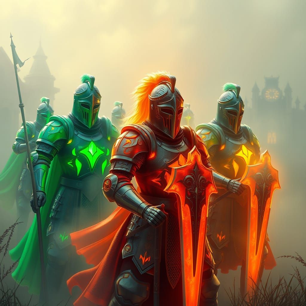 Ethereal Knights in Shimmering Neon Armor
