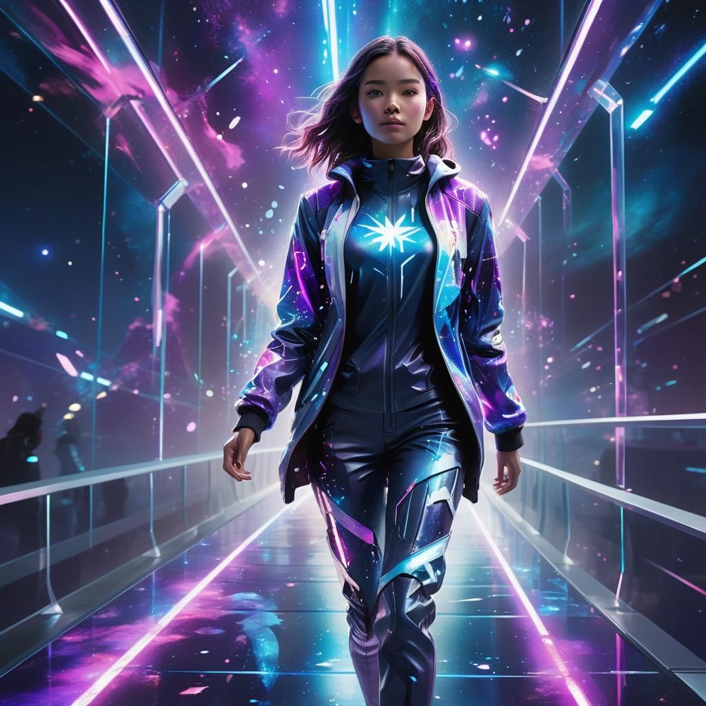 Futuristic Figure on Glass Bridge in Anime Art Style