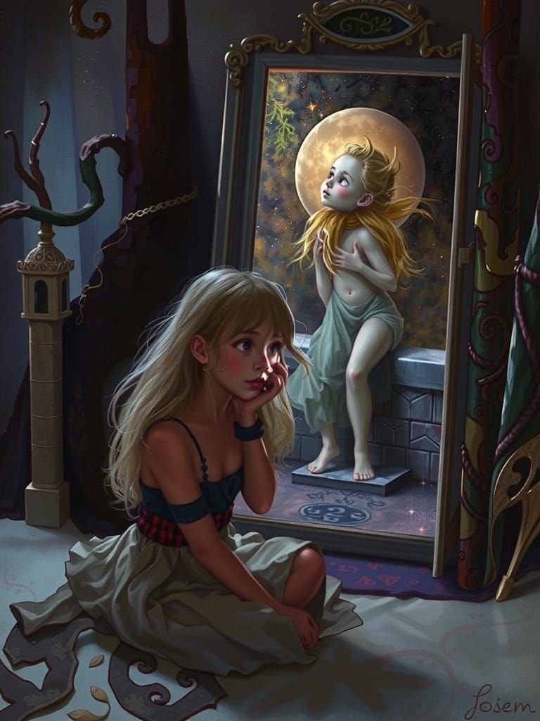 Girl Gazing at Gentle Spirit in Moonlit Forest