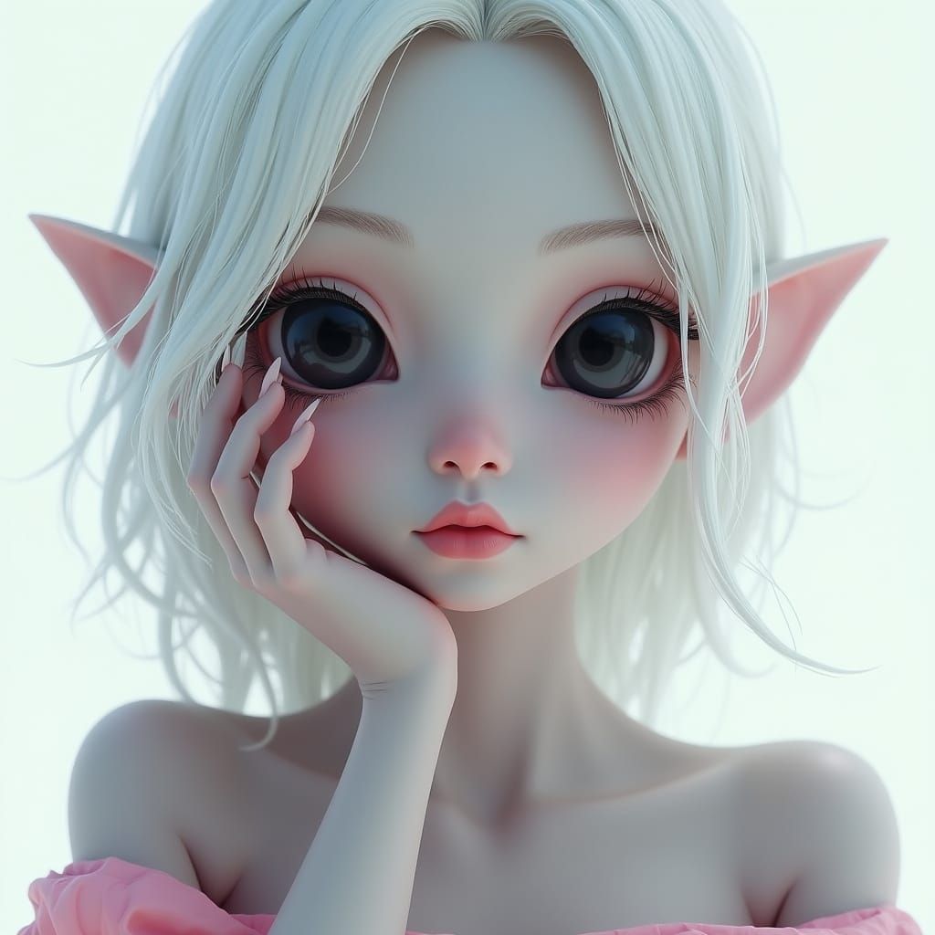 Stylized Alien Woman Portrait with Glossy Black Eyes