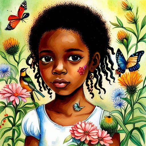 Enchanting Portrait of Girl with Nature, Illustrated Style