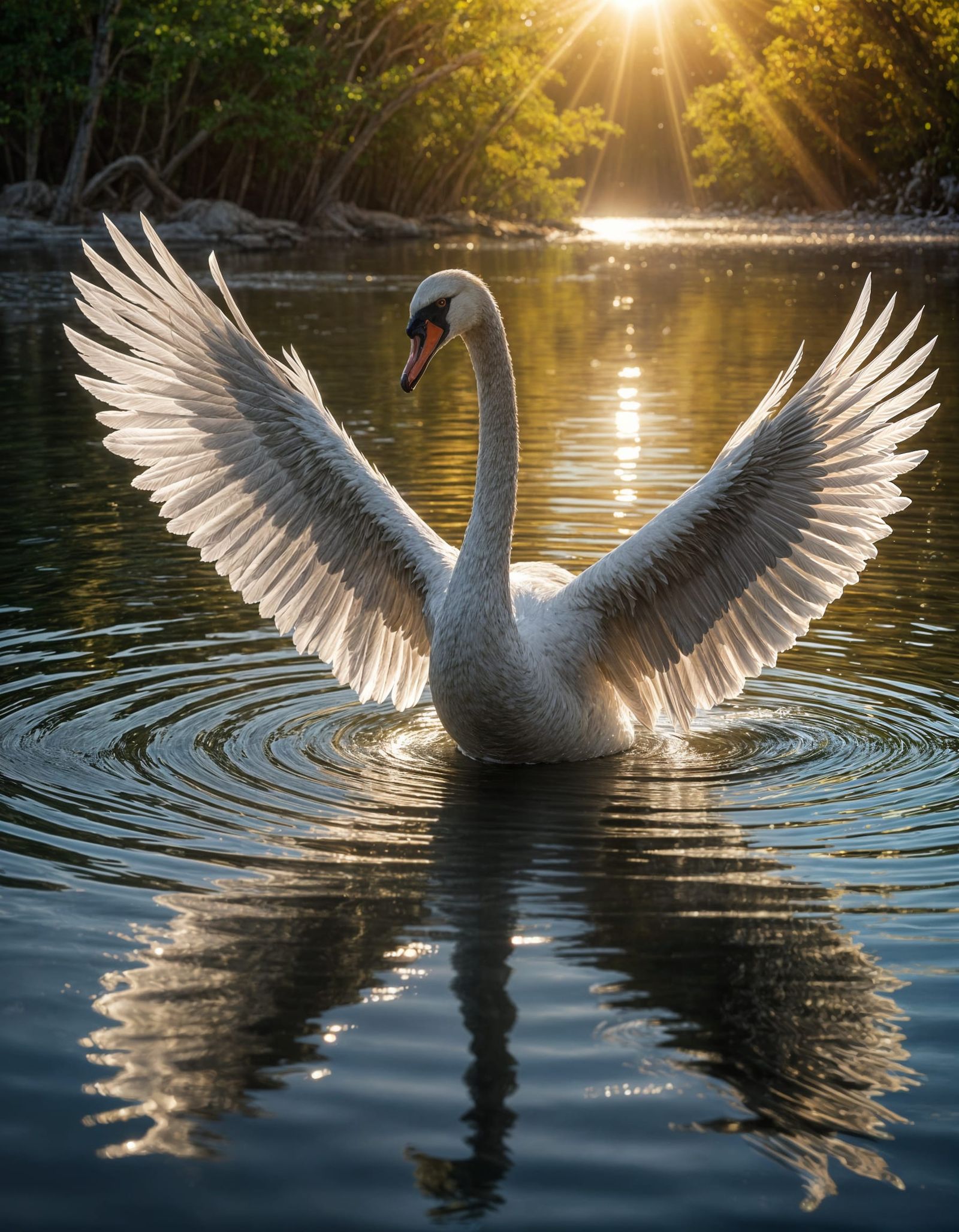 Glass Swan Glides on Crystal Lake: Photorealistic Art