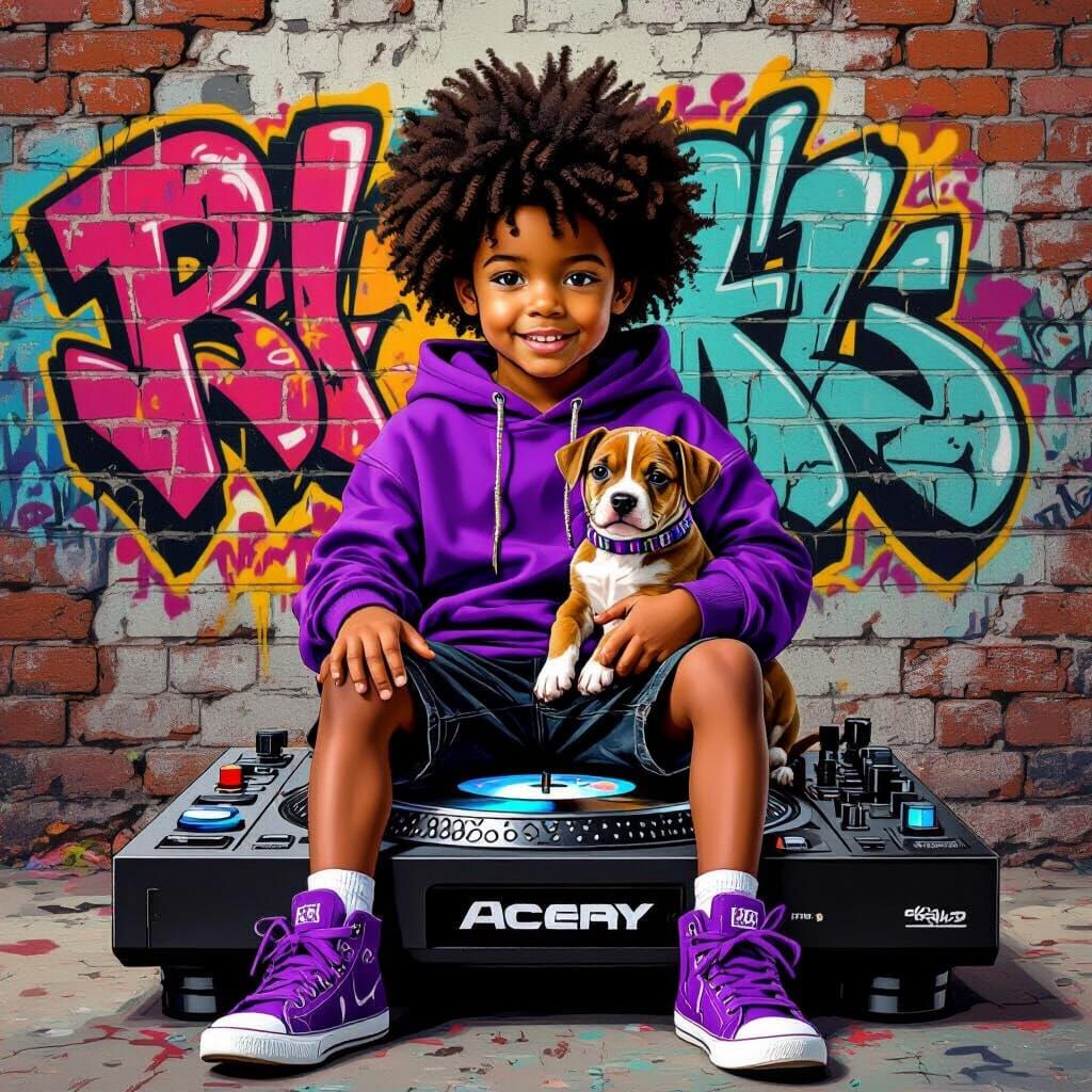 Boy on DJ Turntable with Puppy, Vibrant Graffiti Background