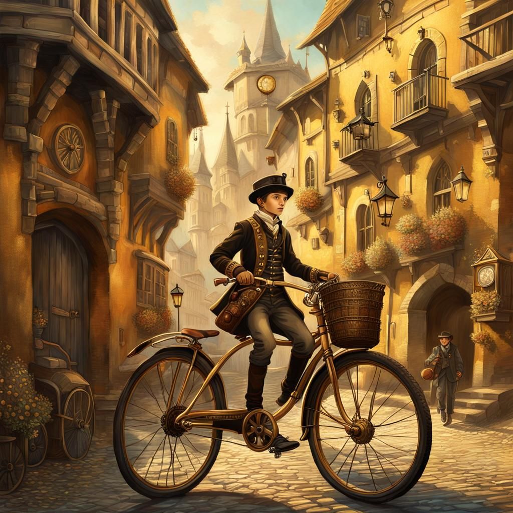 Steampunk Boy on Bicycle in Medieval City