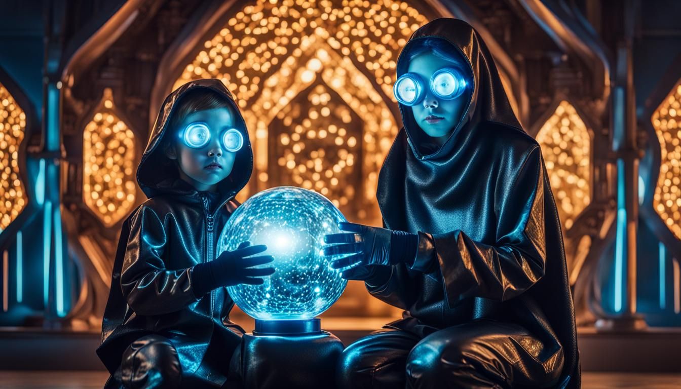 Futuristic Fortune Teller and Daughter in Cyberpunk Style