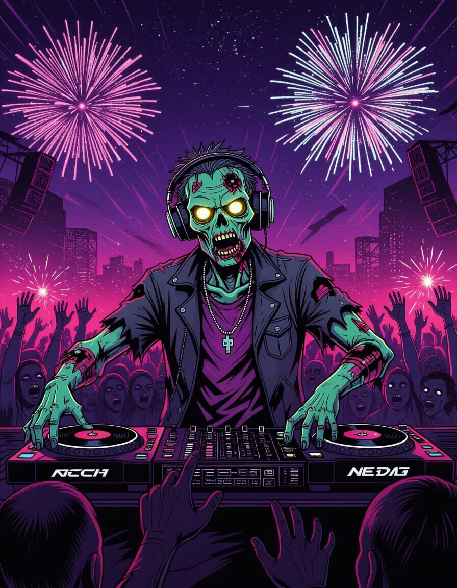 Zombie DJ at Futuristic Rave in Comic Book Style