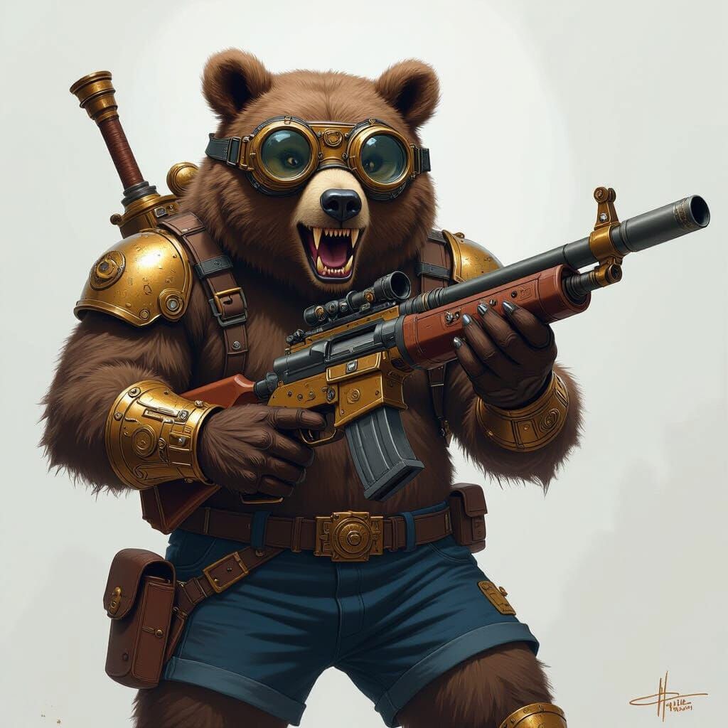 Steampunk Bear with Rifle in Retrofuturistic Style