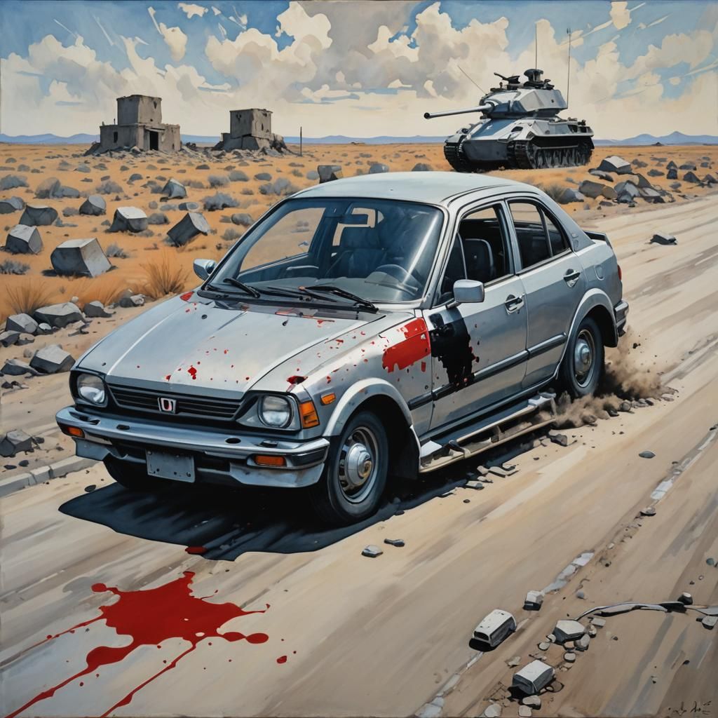 Cubist Car on Desolate Road with Tank