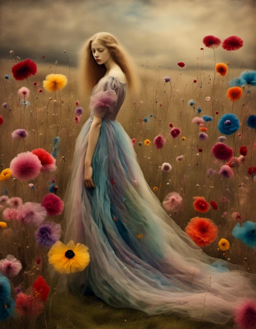 Tabby Cat in Tulle Gown, Pre-Raphaelite Risograph