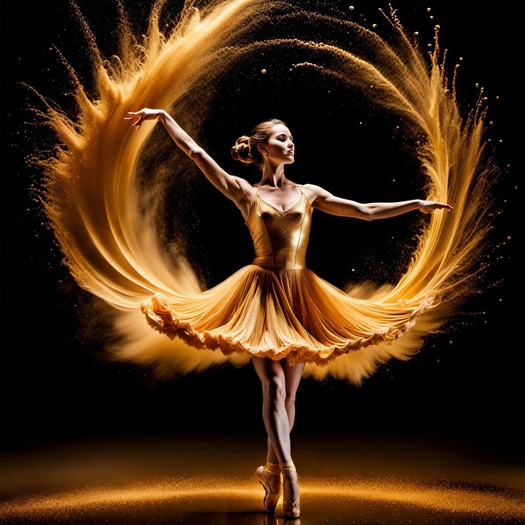Ballerina in Golden Powder Explosion: Hyperrealistic Photogr...