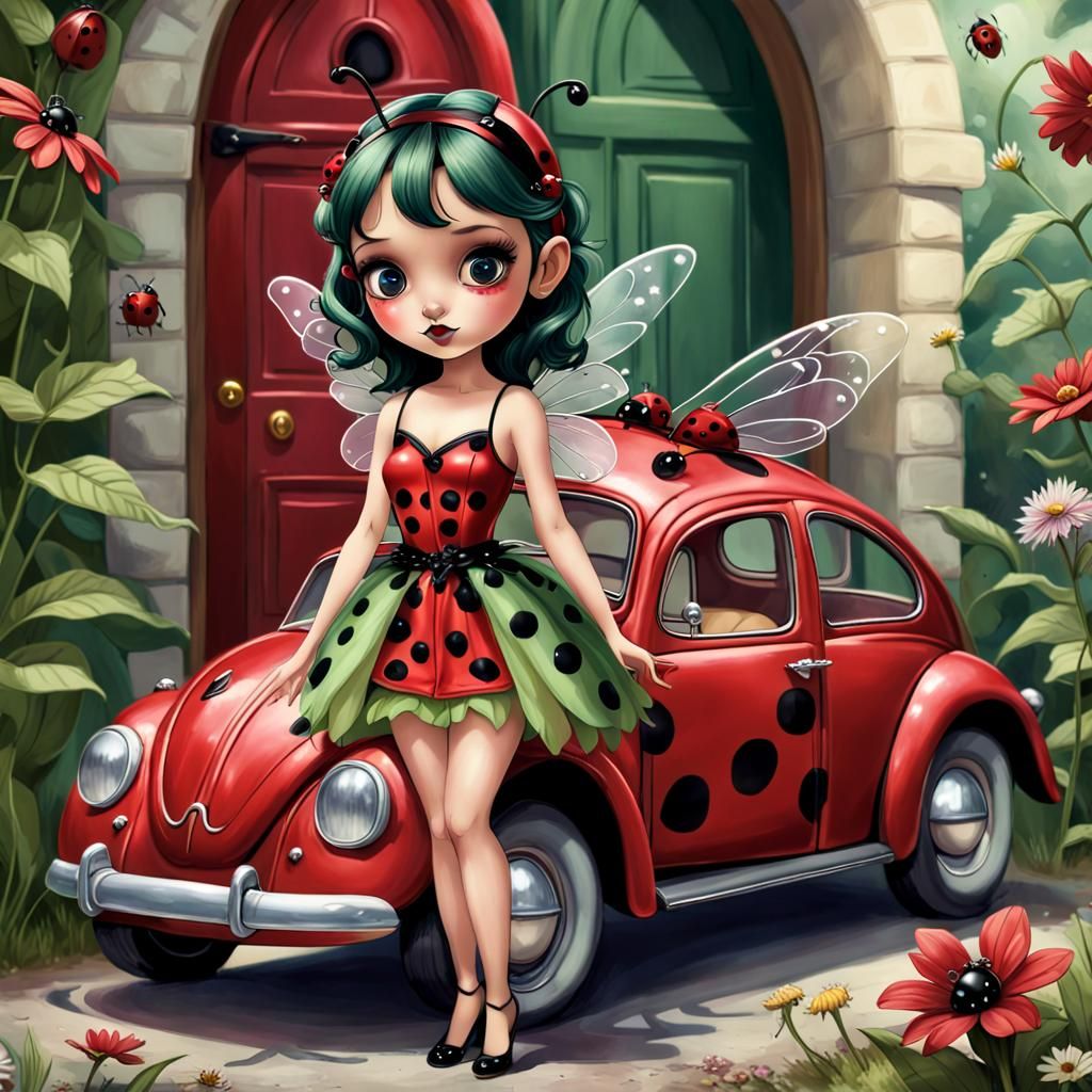Ladybug Fairy with Volkswagen Beetle, Digital Art