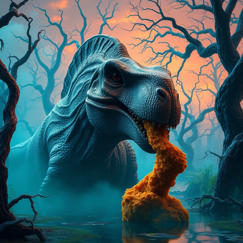 Apatosaurus Enjoys Dino Nugget in Primeval Swamp