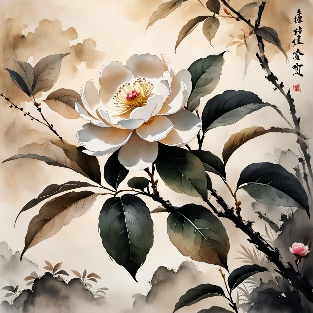 Camellia in Muted Chinese Ink Painting Style