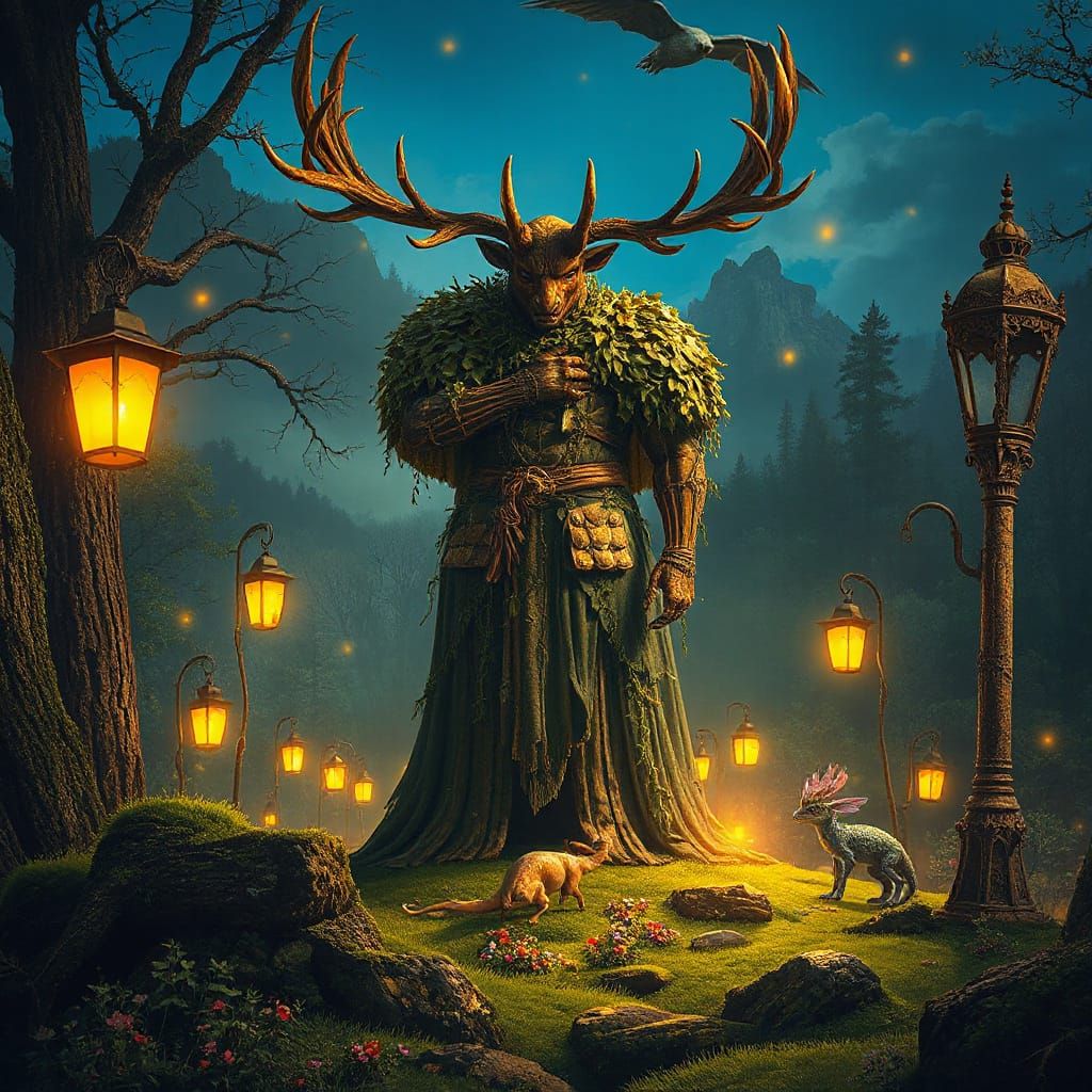 Antlered Forest Deity in Enchanted Twilight Wood