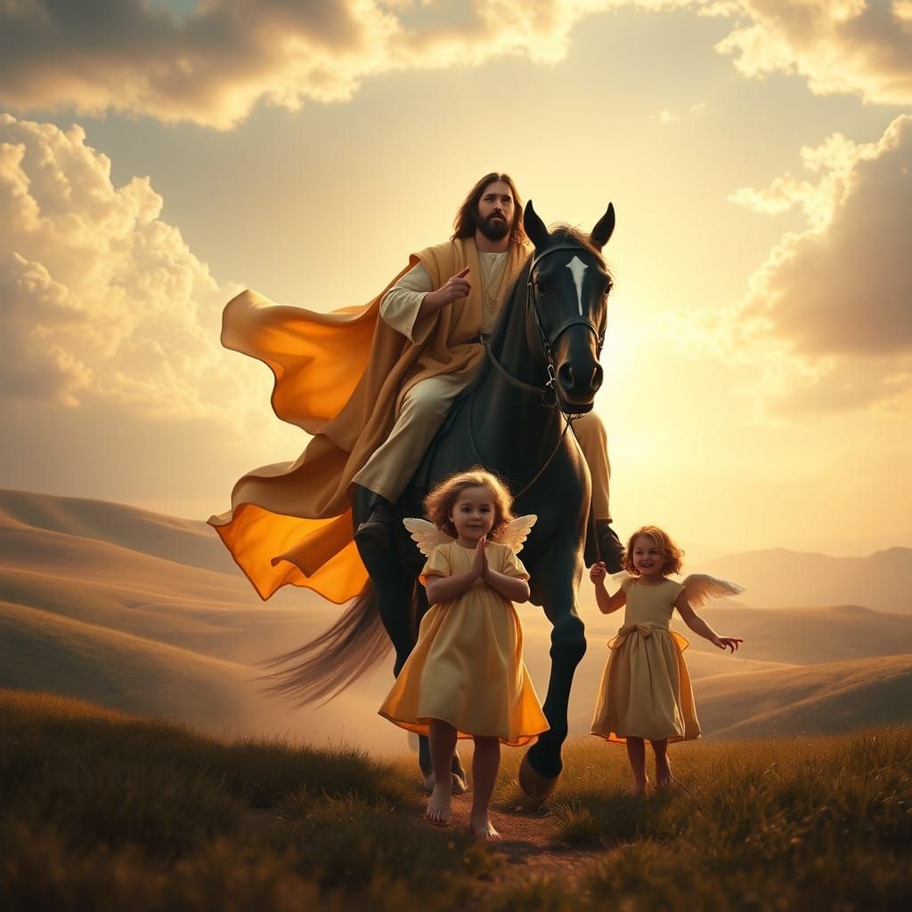 Jesus Riding a Majestic Black Horse with Angelic Girl in Ser...