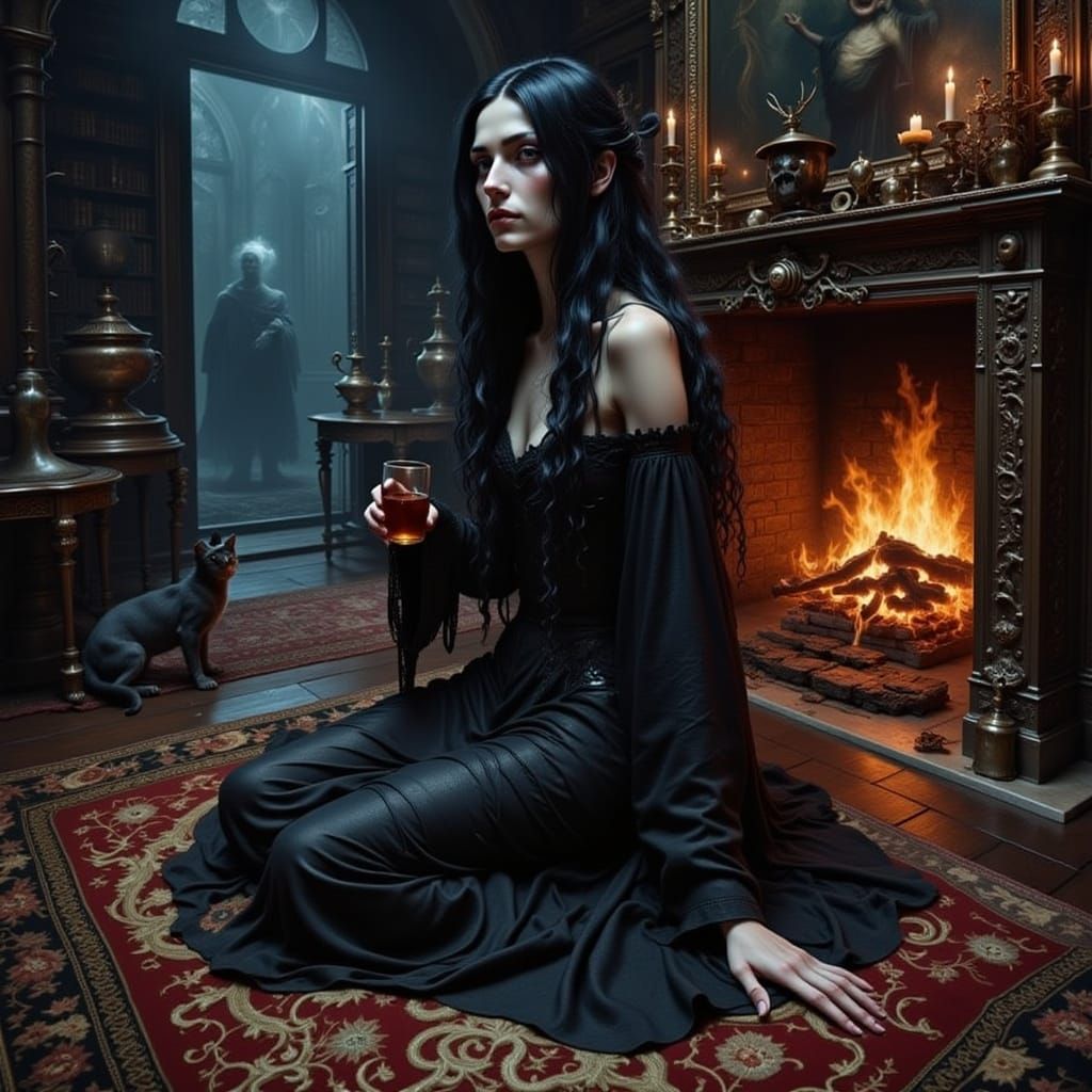 Lilith in Haunted Library as Surrealist Oil Painting