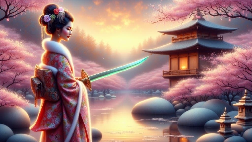 Japanese Geisha Holds Glowing Samurai Sword at Dusk in Impre...