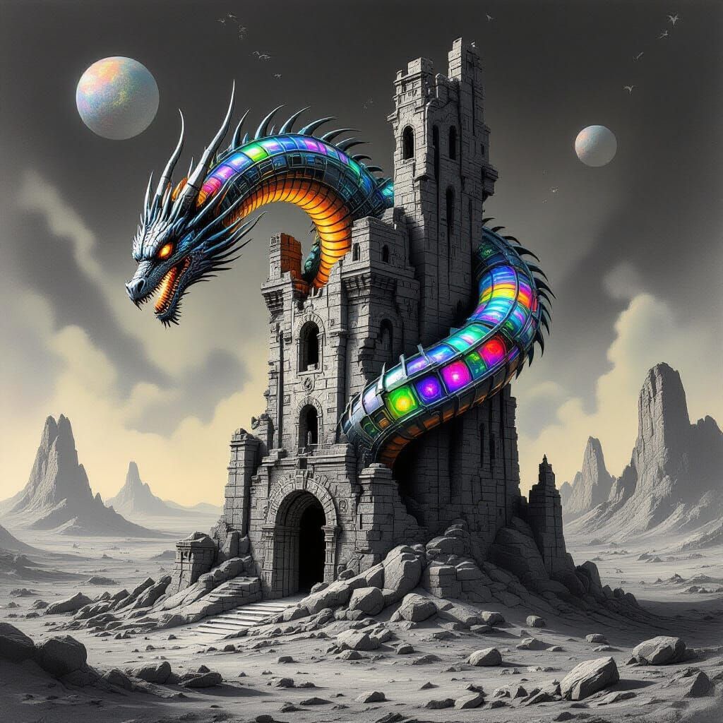 Biomechanical Dragon Coiled Around Alien Tower