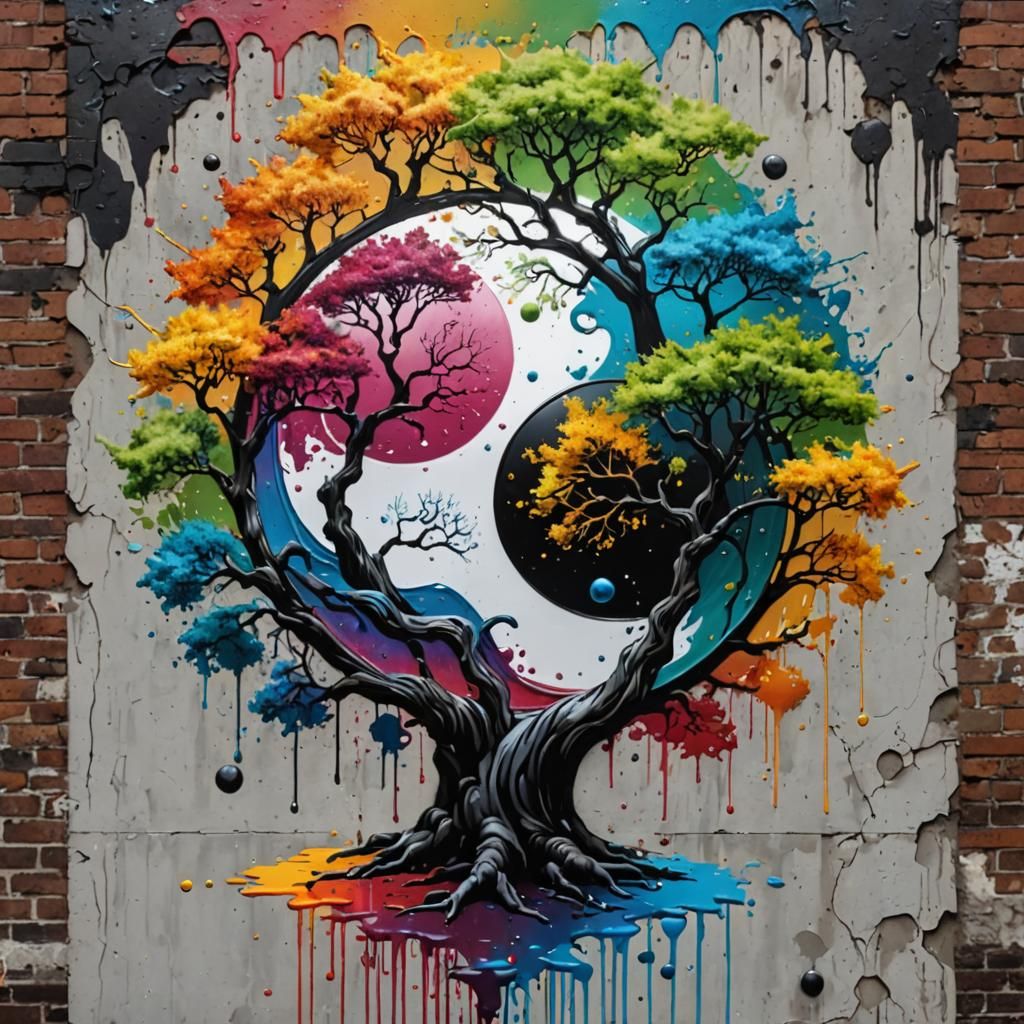 Yin Yang Trees in Graffiti Art Style