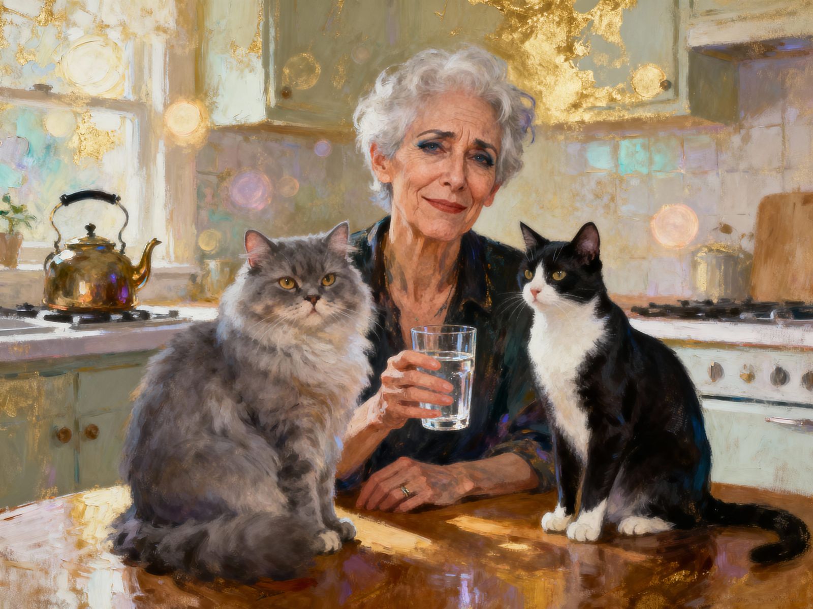 Elderly Transwoman with Cats, Holding Water Glass in Dreamsc...