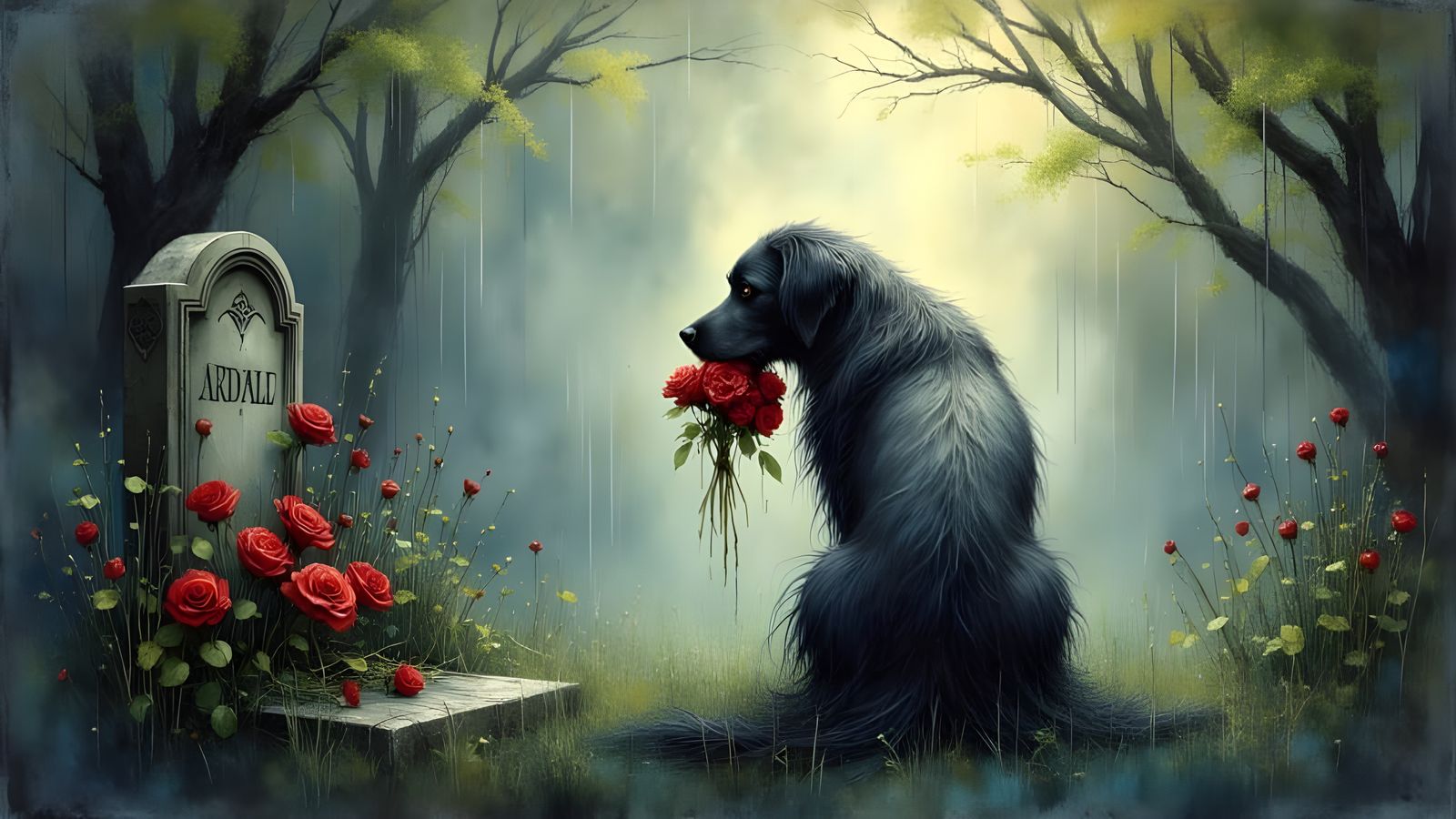 Dog Mourns at Gravestone in Rainy Gloom