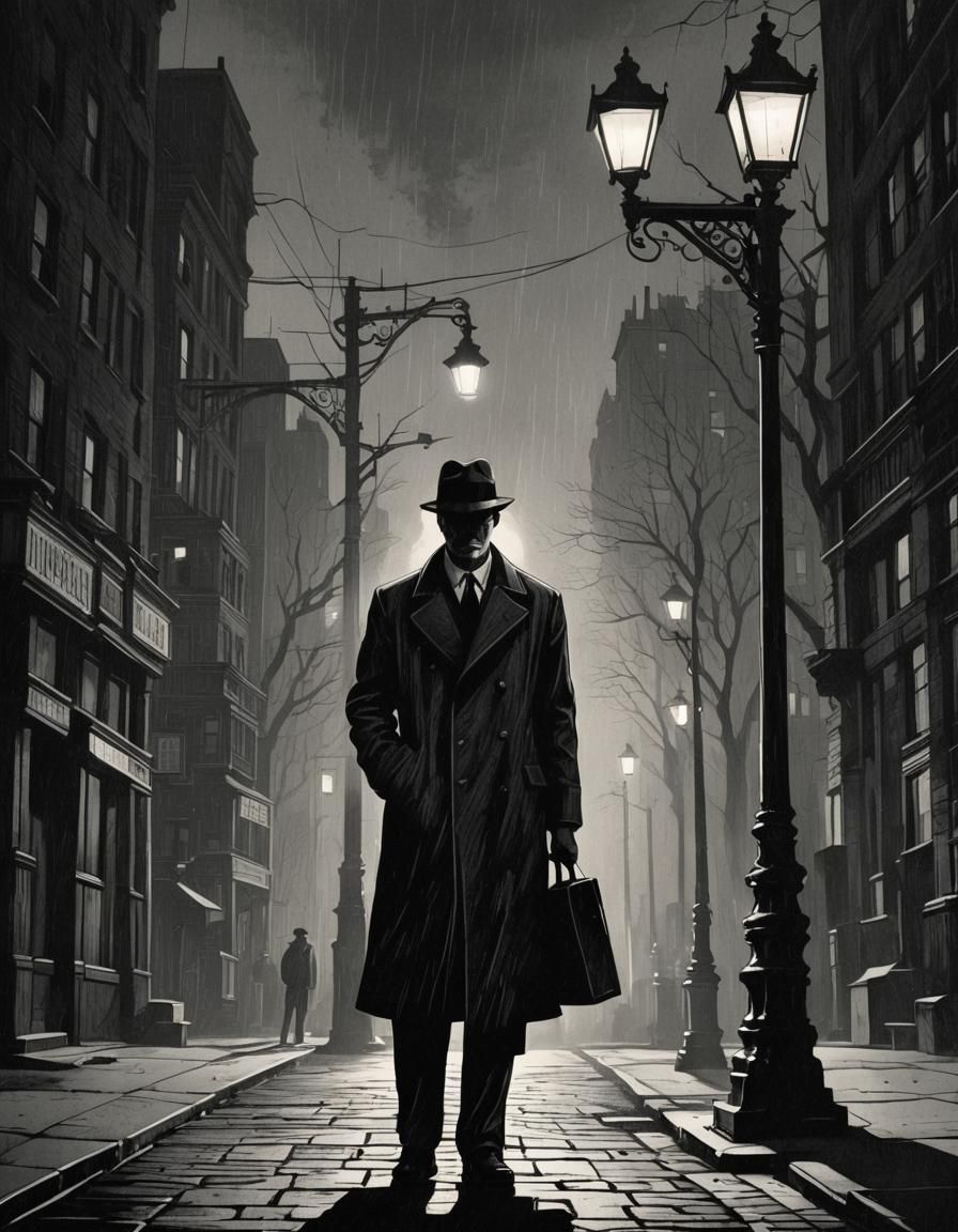 1930s Man Under Streetlight: Film Noir Woodcut