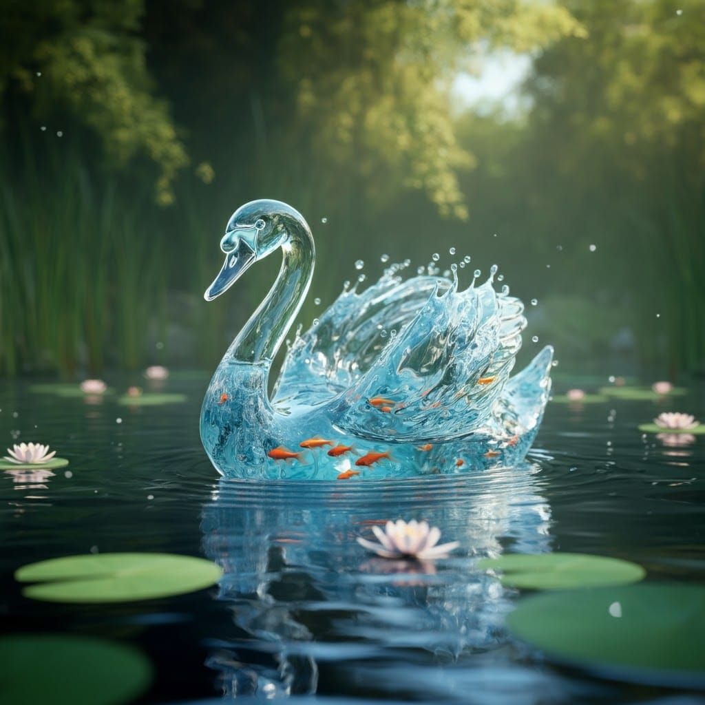Liquid Swan Sculpture on Lily Pond