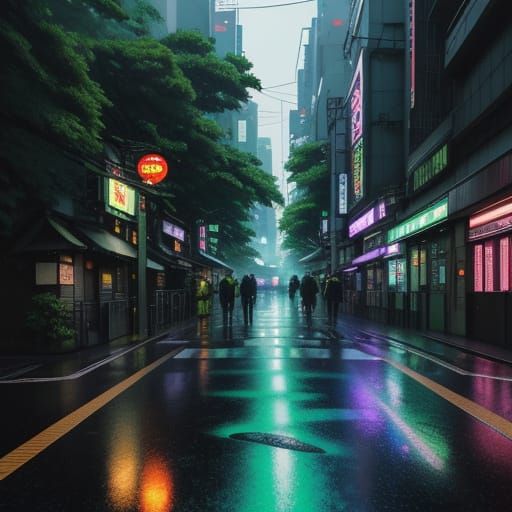 Lush Neo Tokyo Street Scene in Golden Hour