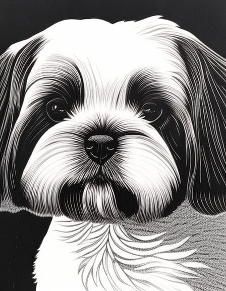 Elegant Ink Drawing of a Short-Haired Shih Tzu