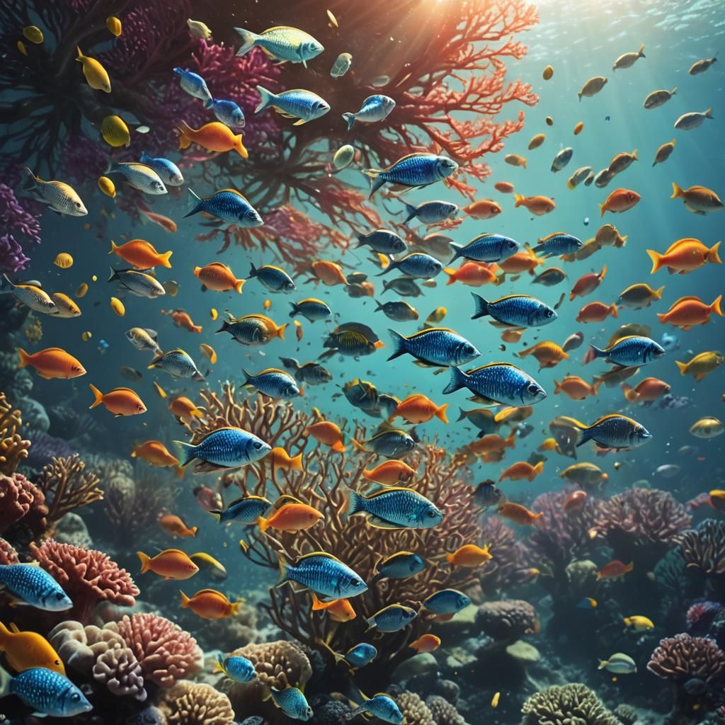 Rainbow Fish Darting Through Coral Reef in Surreal Style