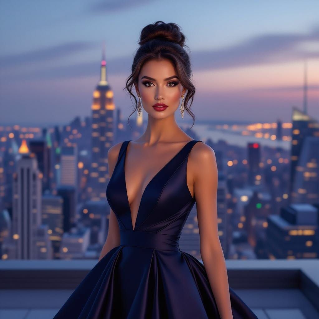 Glamorous Model Overlooking Cityscape at Twilight
