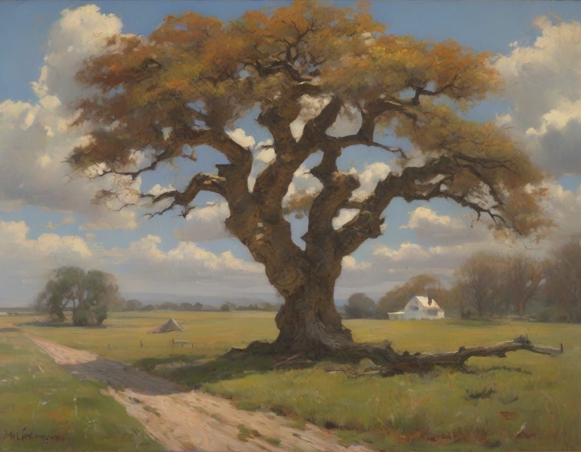 Victorian Farmhouse and Oak Tree in Early Spring