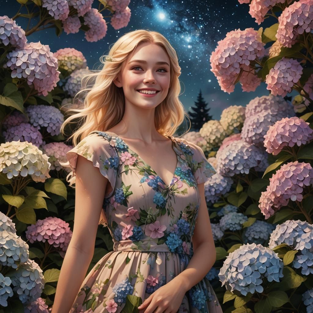 Blond Girl Gazing at Starry Sky in Garden