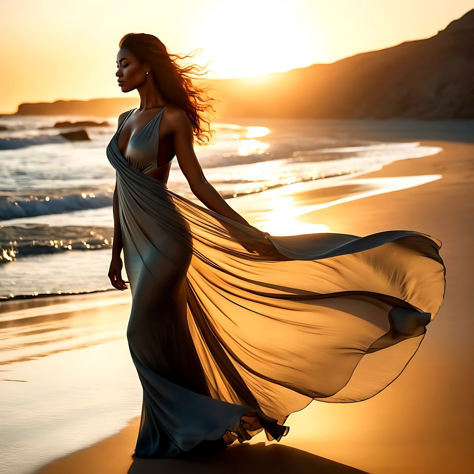 Woman on Sunlit Beach at Golden Hour