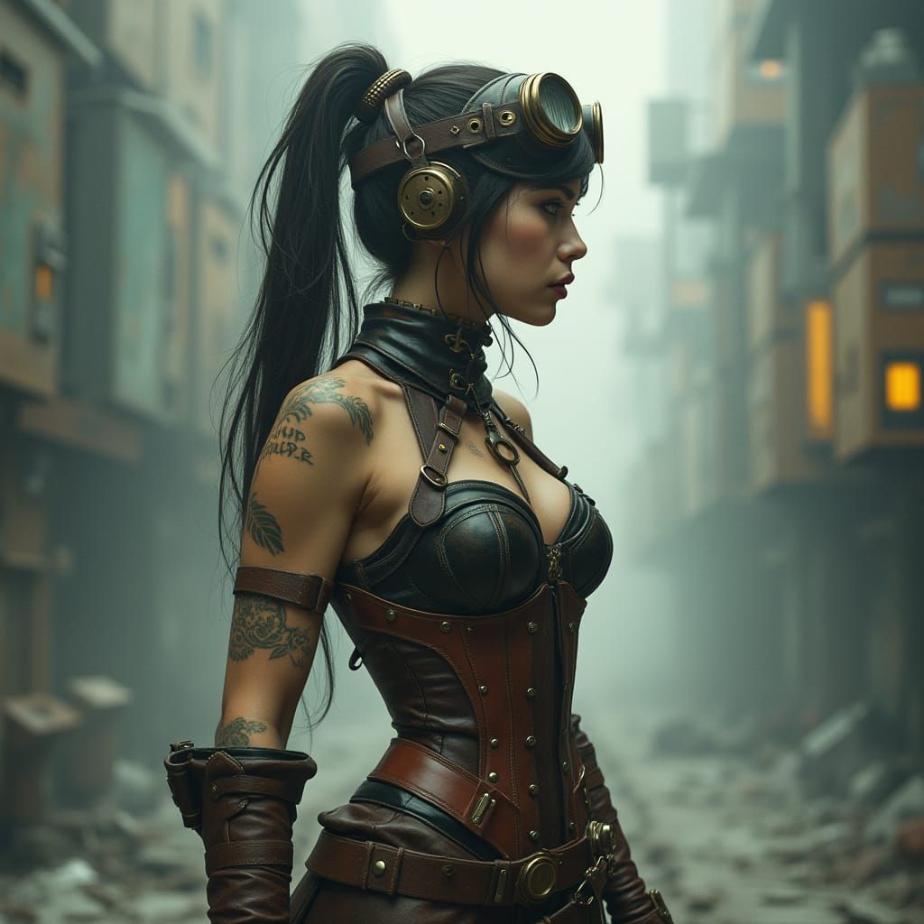 Steampunk Adventurer in Industrial Landscape, Syd Mead Style