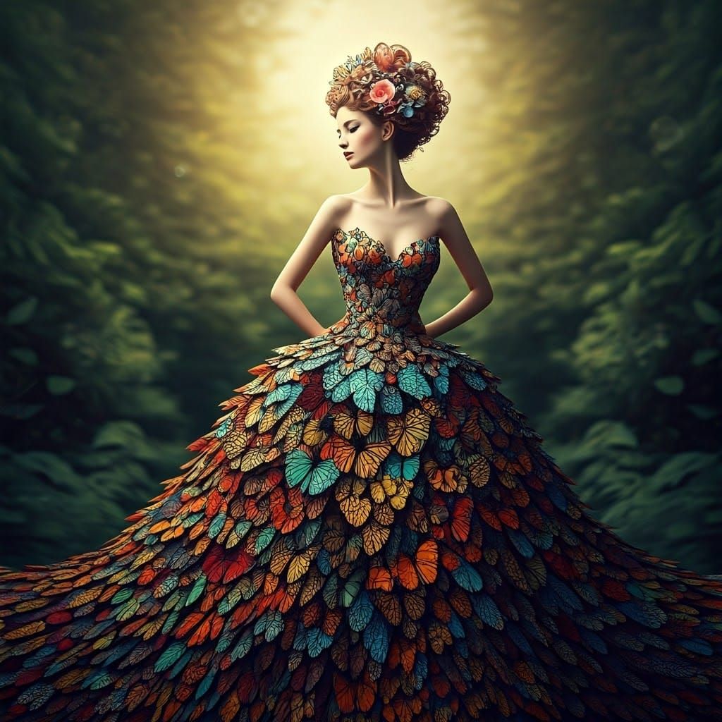 Elegant Lady in Butterfly Dress, Dreamy Garden